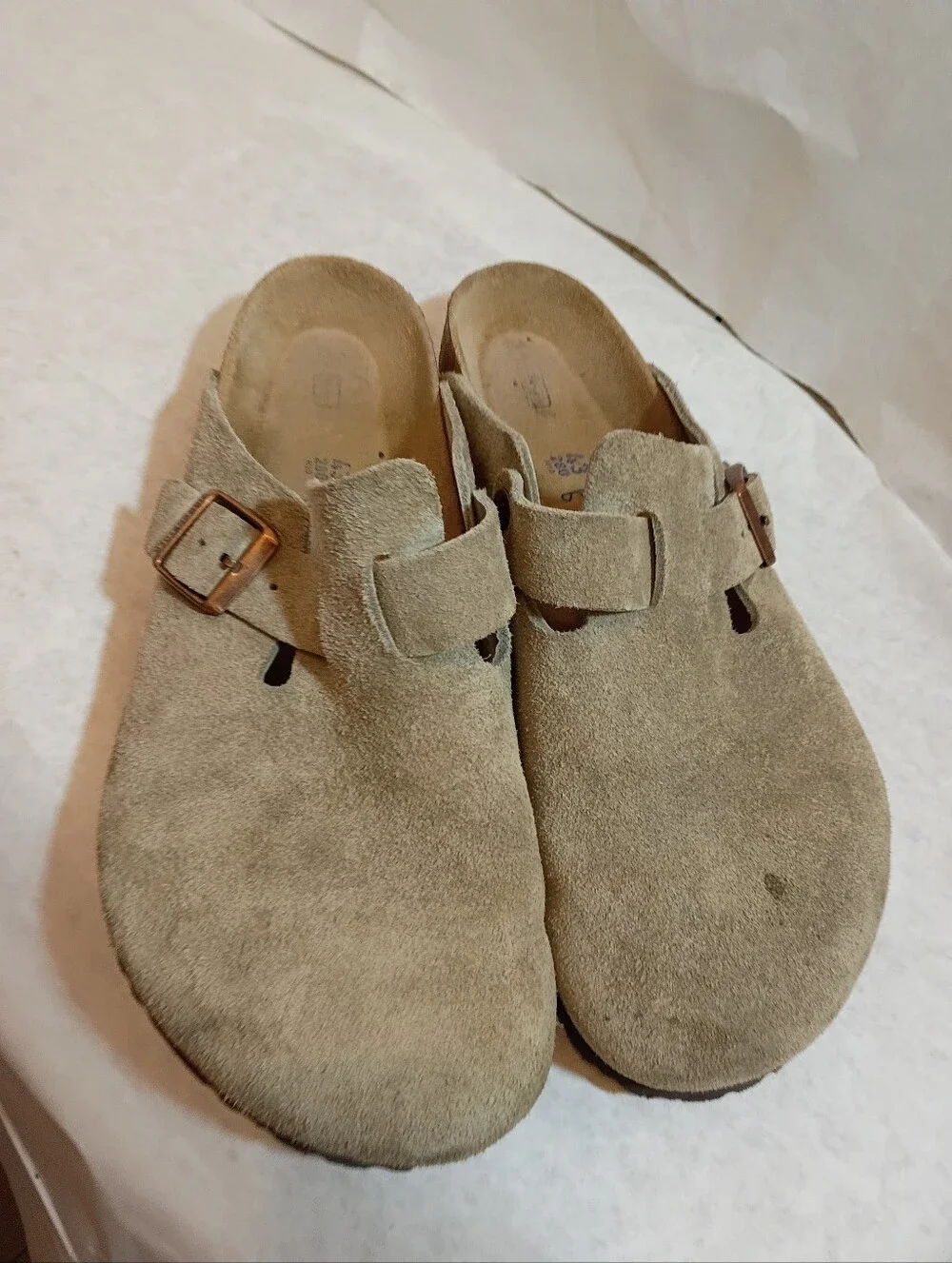 Birkenstock Taupe Suede Boston Clogs with Buckles Soft Sz 43